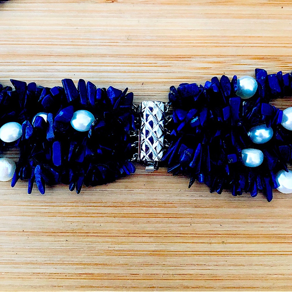 $96  5 Strand Estate Lapis and Pearl Necklace - Picture 6 of 6